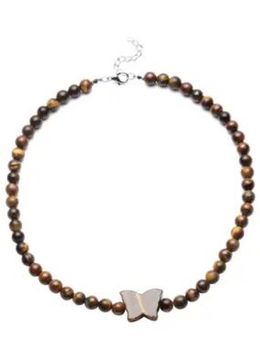 Tiger's Eye Beaded Butterfly Shape Necklace 18-20 Inches in Silvertone